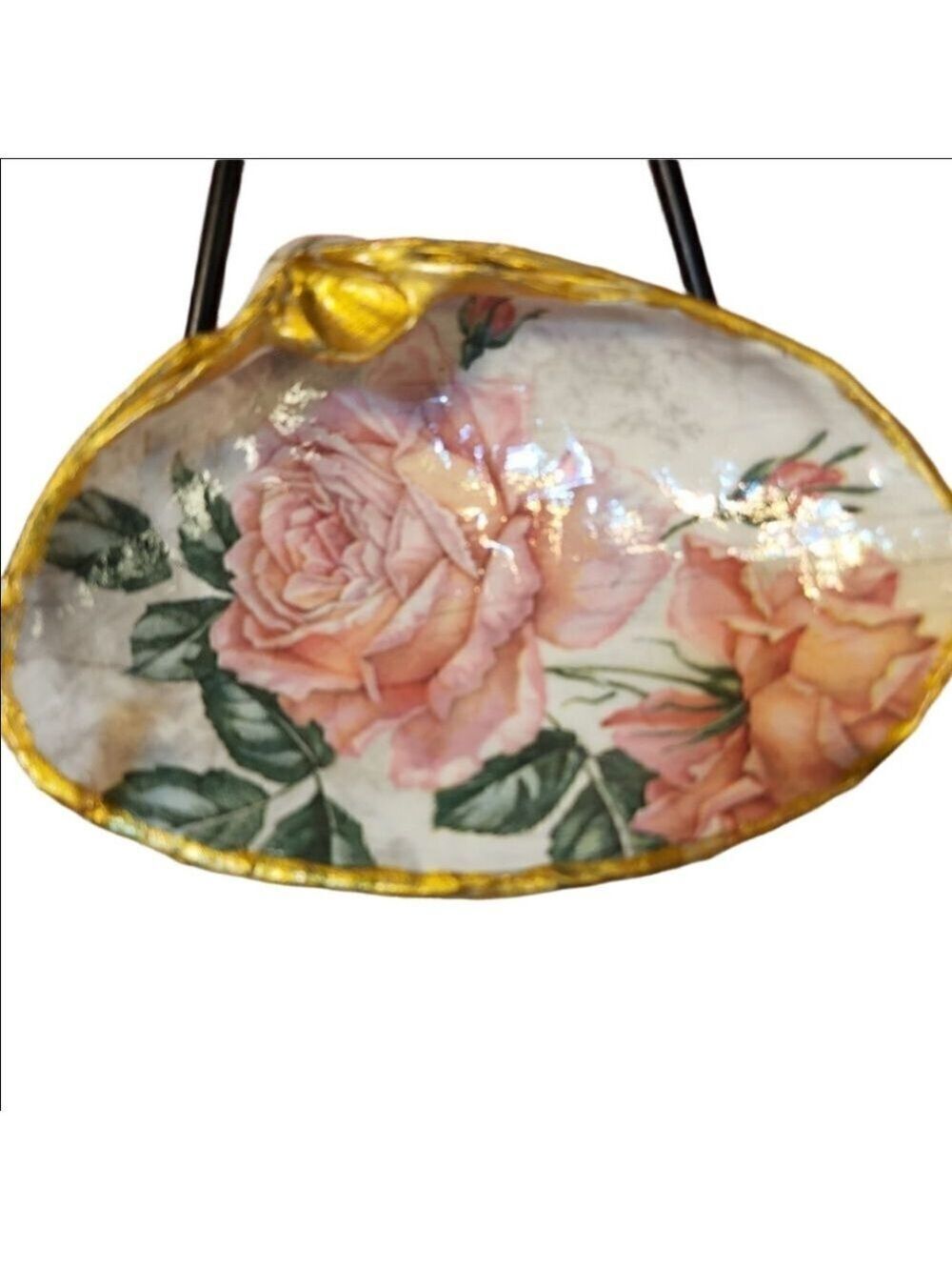 DECOUPAGE CLAM SHELL DECOUPAGE PINK ROSES 🌹 ON A CLAM SHELL TRINKET DISH